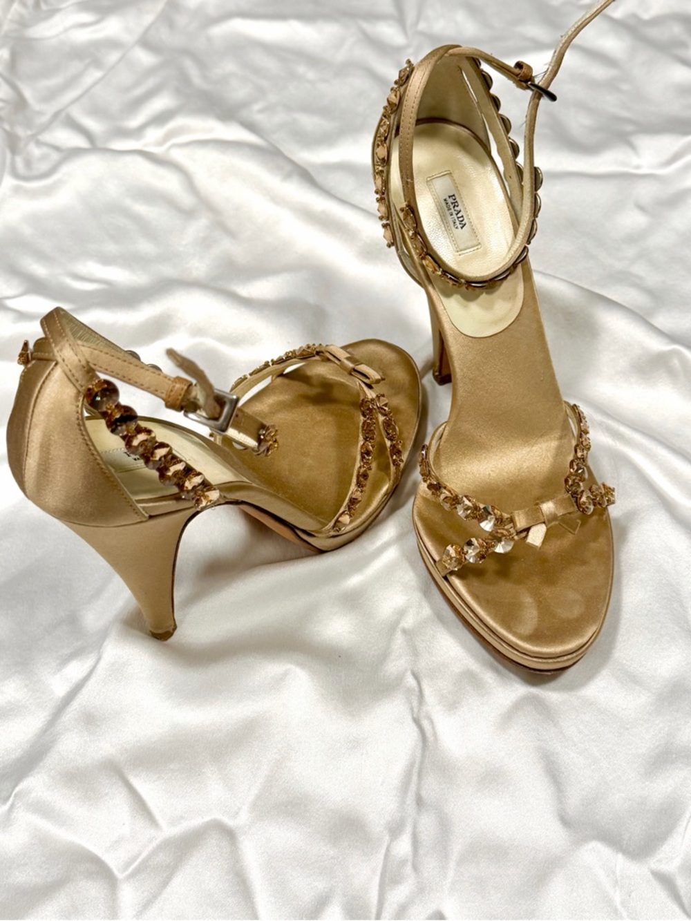 Prada Metallic Gold Satin Crystal-Trim Ankle Strap Heels